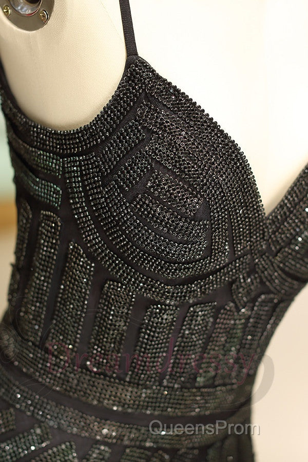 Mermaid Spaghetti Strap Black Beading Long Evening Prom Dress
