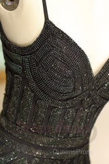 Mermaid Spaghetti Strap Black Beading Long Evening Prom Dress