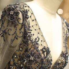 Long Sleeve Grey Beaded Long Prom Dress