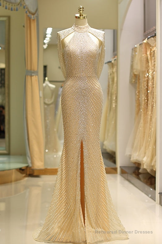 Luxurious High Neck Dubai Gold Long Evening Dress Main image