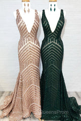 Sparkle Sequins V-Neck Mermaid Long Evening Prom Dress