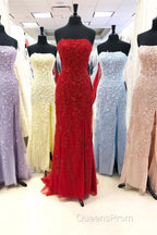 Strapless Light Blue Lace Long Evening Prom Dress with Slit
