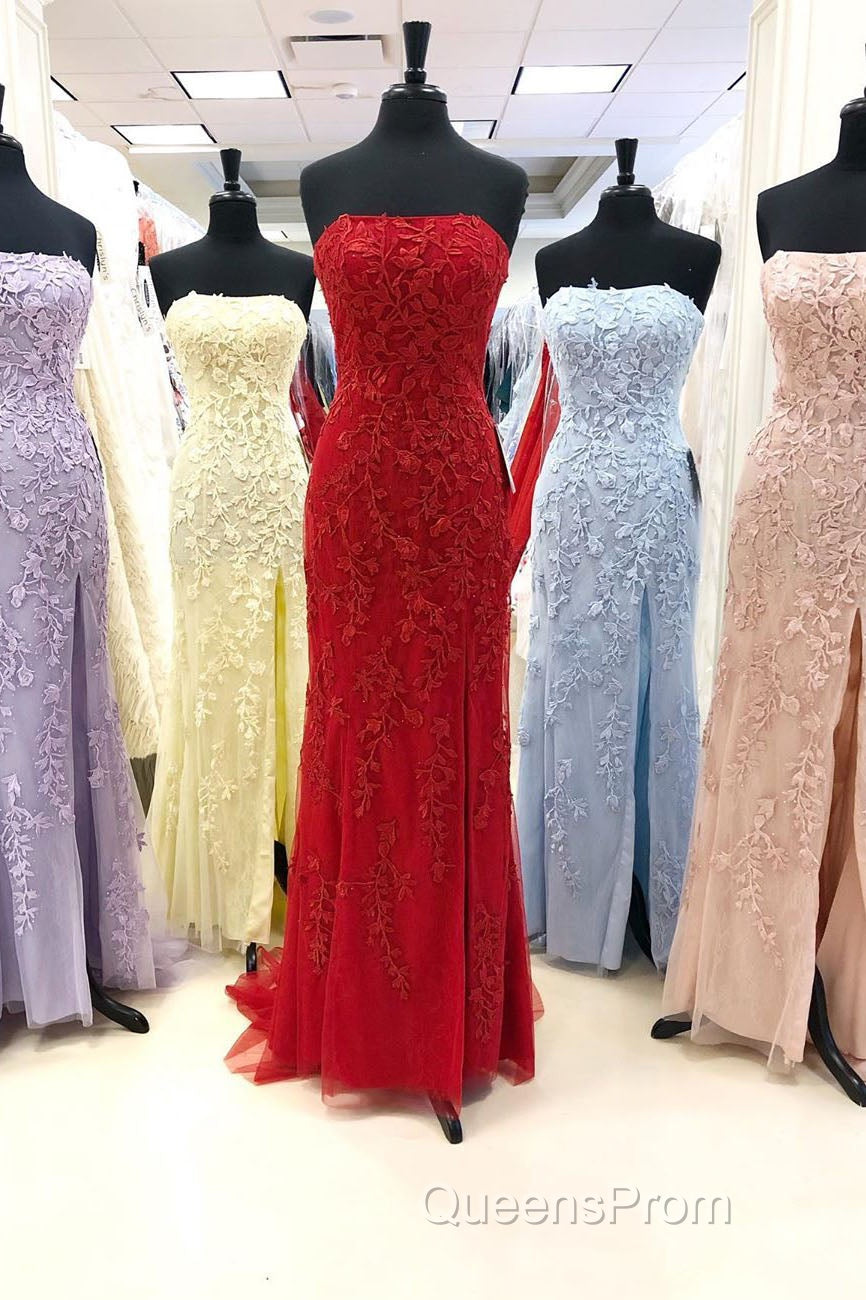 Strapless Light Blue Lace Long Evening Prom Dress with Slit