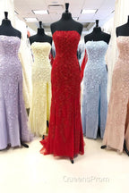 Strapless Light Blue Lace Long Evening Prom Dress with Slit