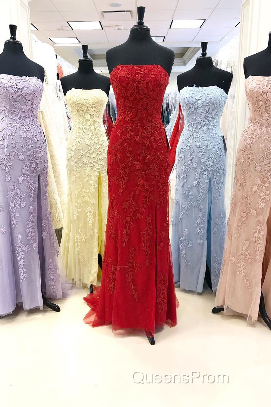 Strapless Light Blue Lace Long Evening Prom Dress with Slit