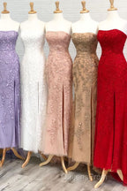 Strapless Light Blue Lace Long Evening Prom Dress with Slit
