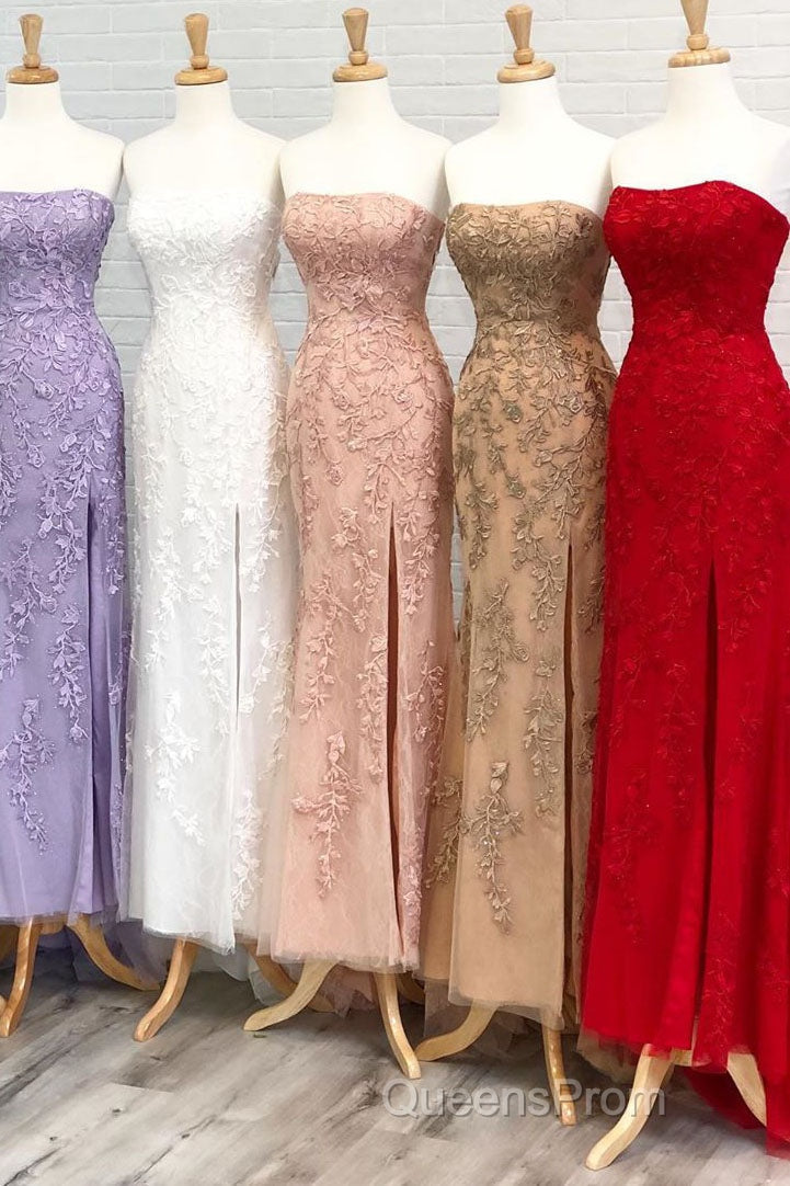 Strapless Light Blue Lace Long Evening Prom Dress with Slit
