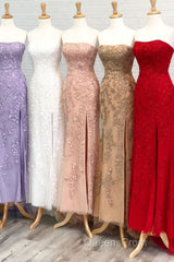 Strapless Light Blue Lace Long Evening Prom Dress with Slit