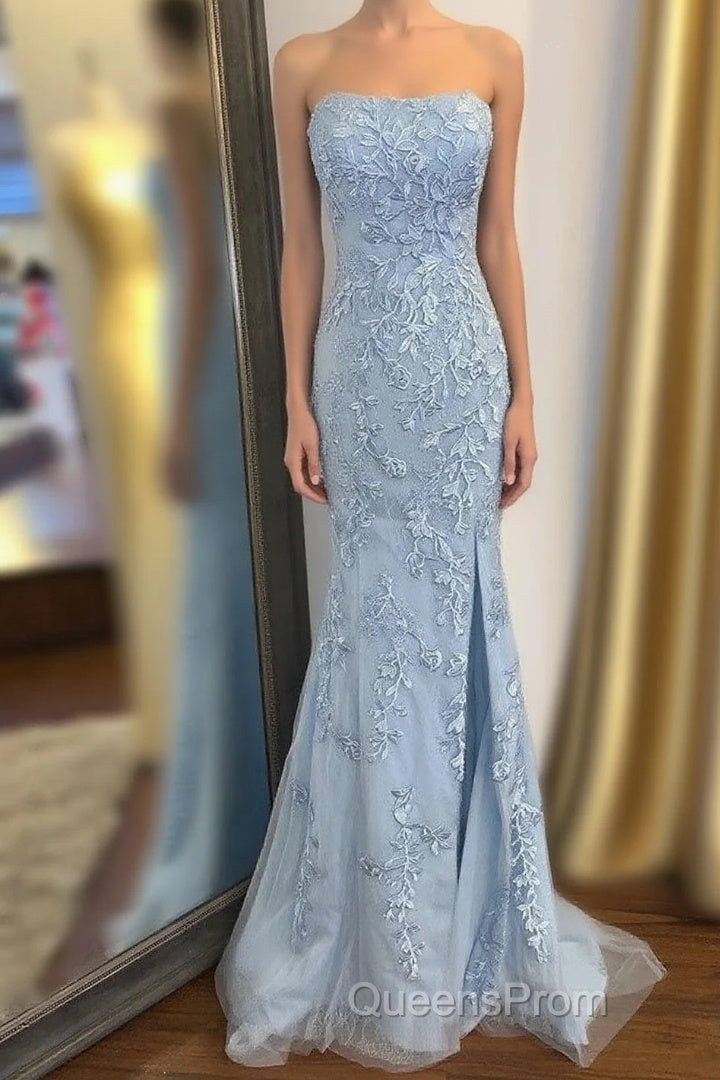 Strapless Light Blue Lace Long Evening Prom Dress with Slit Main image