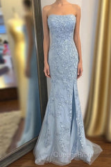 Strapless Light Blue Lace Long Evening Prom Dress with Slit