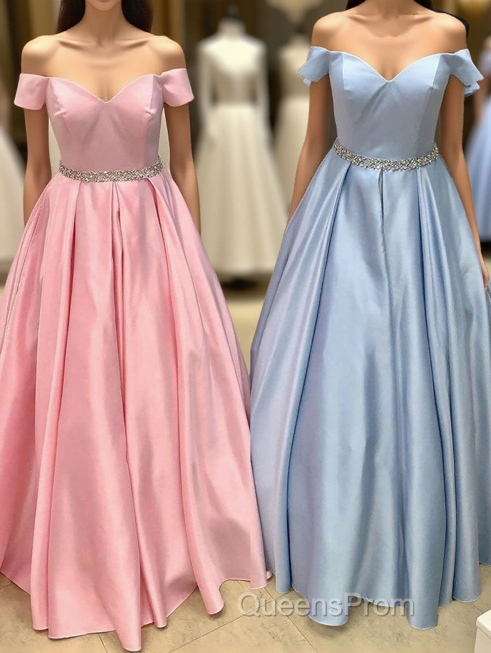 Elegant Off the Shoulder Satin Beaded Long Evening Prom Dress Main image