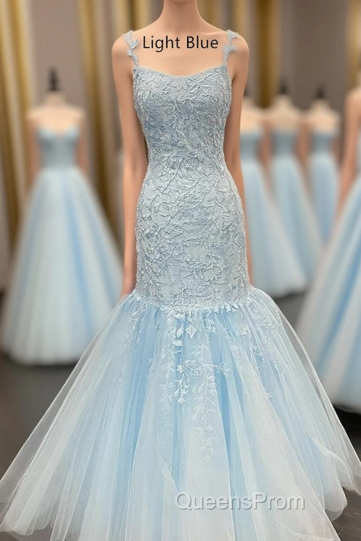 Straps Mermaid Light Blue Lace Appliqued Long Evening Prom Dress Main image