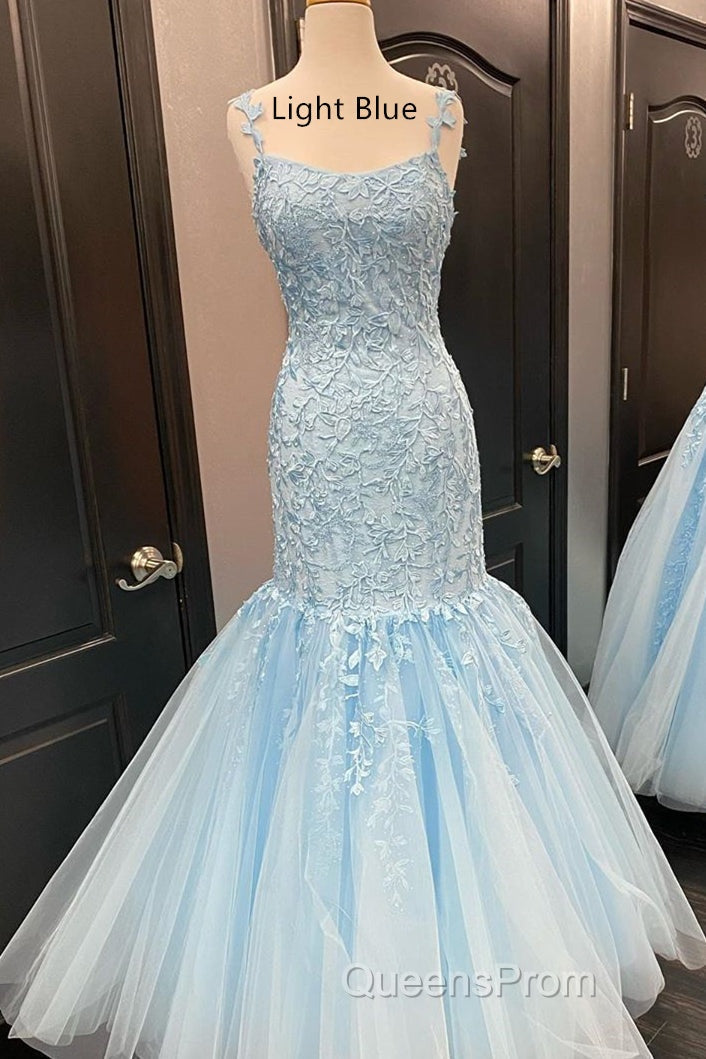 Straps Mermaid Light Blue Lace Appliqued Long Evening Prom Dress Secondary image