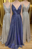 Sparkly V Neck Straps A-Line Long Evening Prom Dress