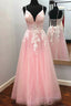 Elegant V Neck Lace-Up Back Pink Long Evening Prom Dress with Appliques