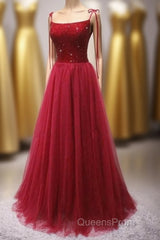 Straps Red Long Evening Prom Dress with Beaded Bodice