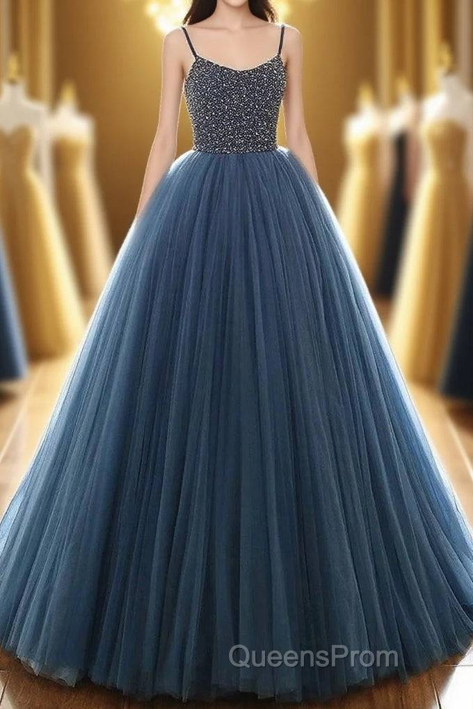 Navy Blue Ball Gown - Spaghetti Straps Beaded Bodice