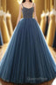 Navy Blue Ball Gown - Spaghetti Straps Beaded Bodice
