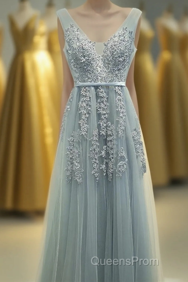A-line Tulle Grey Long Evening Prom Dress Main image