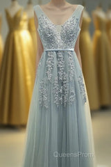 A-line Tulle Grey Long Evening Prom Dress