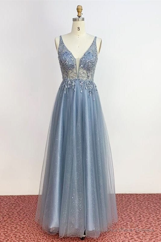V Neck Misty Blue Long Formal Dress Secondary image