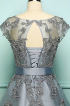 Elegant Cap Sleeves Short Grey Bridesmaid Dress with Ribbon
