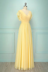Elegant V Neck Pleated Yellow Bridesmaid Dress with Ruffles