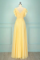 Elegant V Neck Pleated Yellow Bridesmaid Dress with Ruffles
