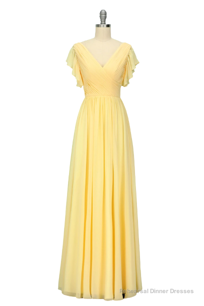 Elegant V Neck Pleated Yellow Bridesmaid Dress with Ruffles Main image