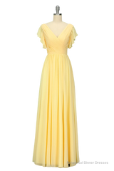 Elegant V Neck Pleated Yellow Bridesmaid Dress with Ruffles