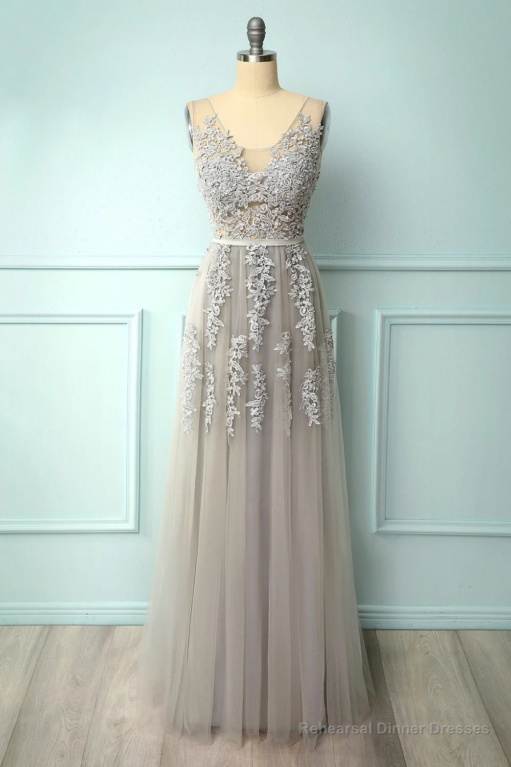 A-line Low V-Back Grey Bridesmaid Dress with Lace Main image