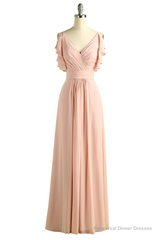 Elegant V Neck Pleated Pink Bridesmaid Dress with Ruffles