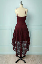 Spaghetti Strap High-Low Burgundy Lace Bridesmaid Dress
