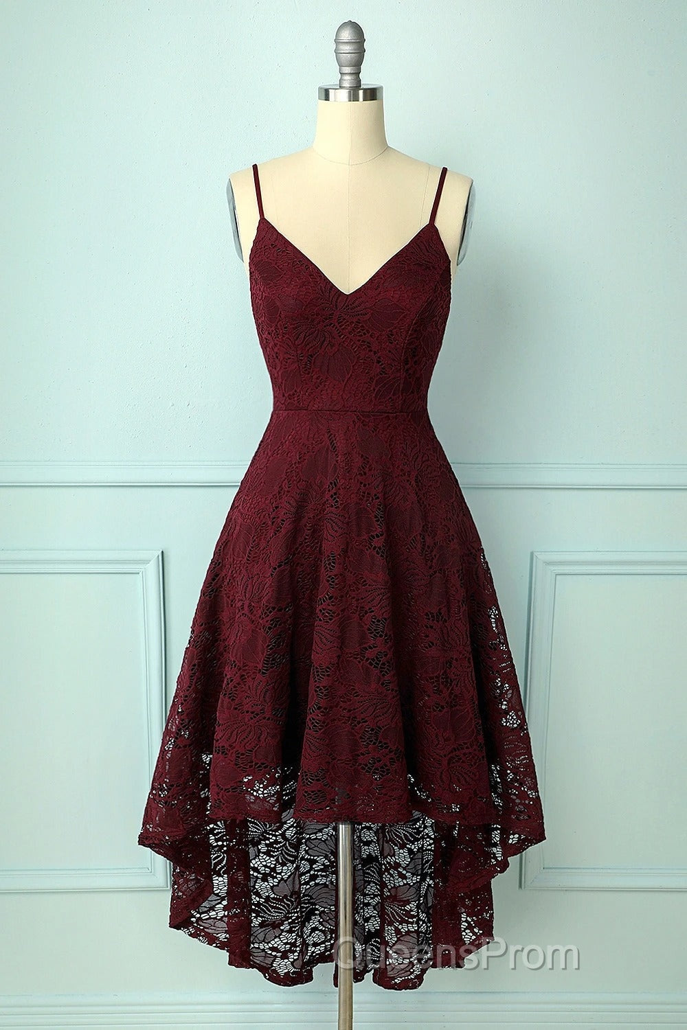 Spaghetti Strap High-Low Burgundy Lace Bridesmaid Dress Secondary image