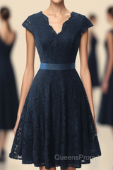 A-Line Cap Sleeve Navy Blue Bridesmaid Dress with Belt