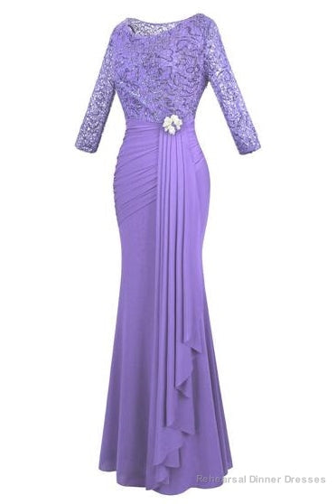 Crew Neck Lace Ruffles Lavender Mother of Bridal Dress
