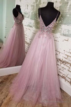 Straps A-line Blush Beaded Long Formal Dress