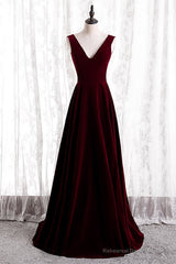 Burgundy V-Neck Velvet Formal Dress