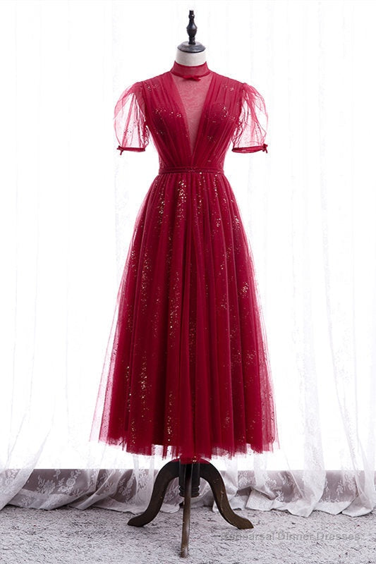 Elegant Puff Sleeeves Red Tulle Prom Dress Main image