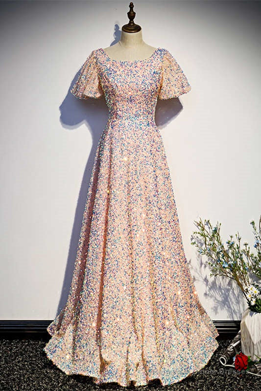A-Line Sequined Pink Long Prom Dress