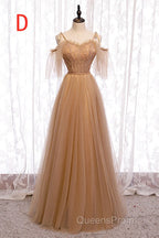 A-Line Beaded Champagne Tulle Bridesmaid Dress