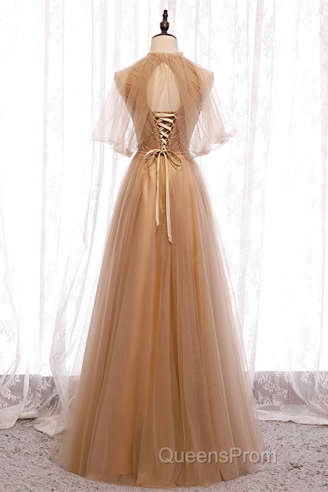A-Line Beaded Champagne Tulle Bridesmaid Dress