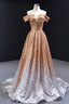 Off the Shoulder Gold and Silver Ombre Sequins Formal Dress