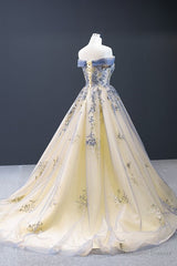 Off the Shoulder Yellow and Blue Formal Gown