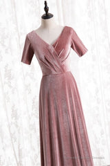 Blush Velvet Long Party Dress with Short Sleeves