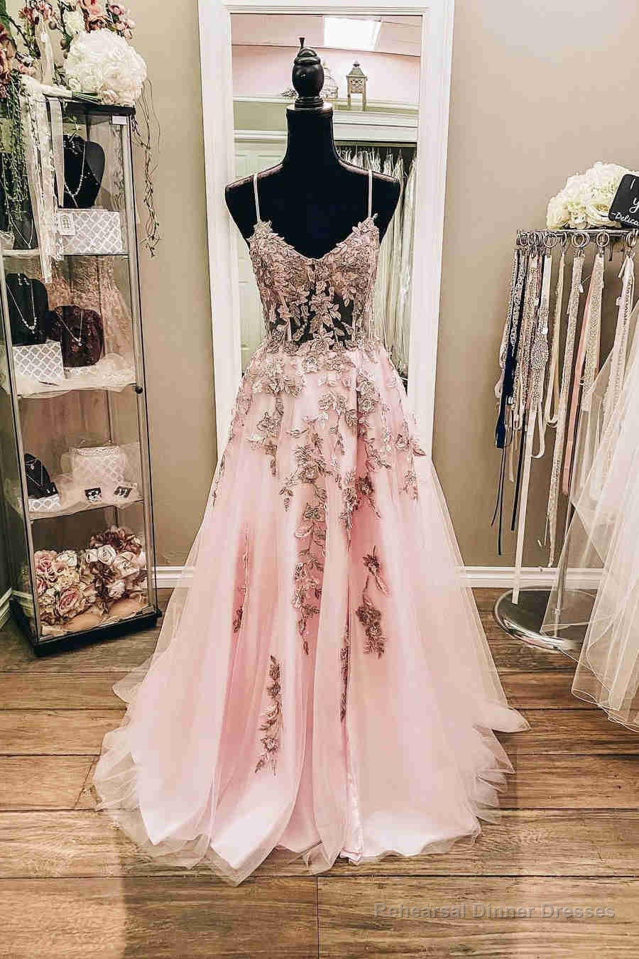 Spaghetti Strapls Pink Long Formal Dress with Appliques Main image