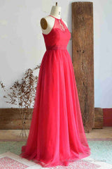 A-Line Halter Hot Pink Long Bridesmaid Dress