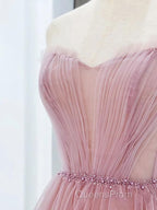 Pink Tulle Tea Length Evening Prom Dress, Pink Tulle Formal Dress