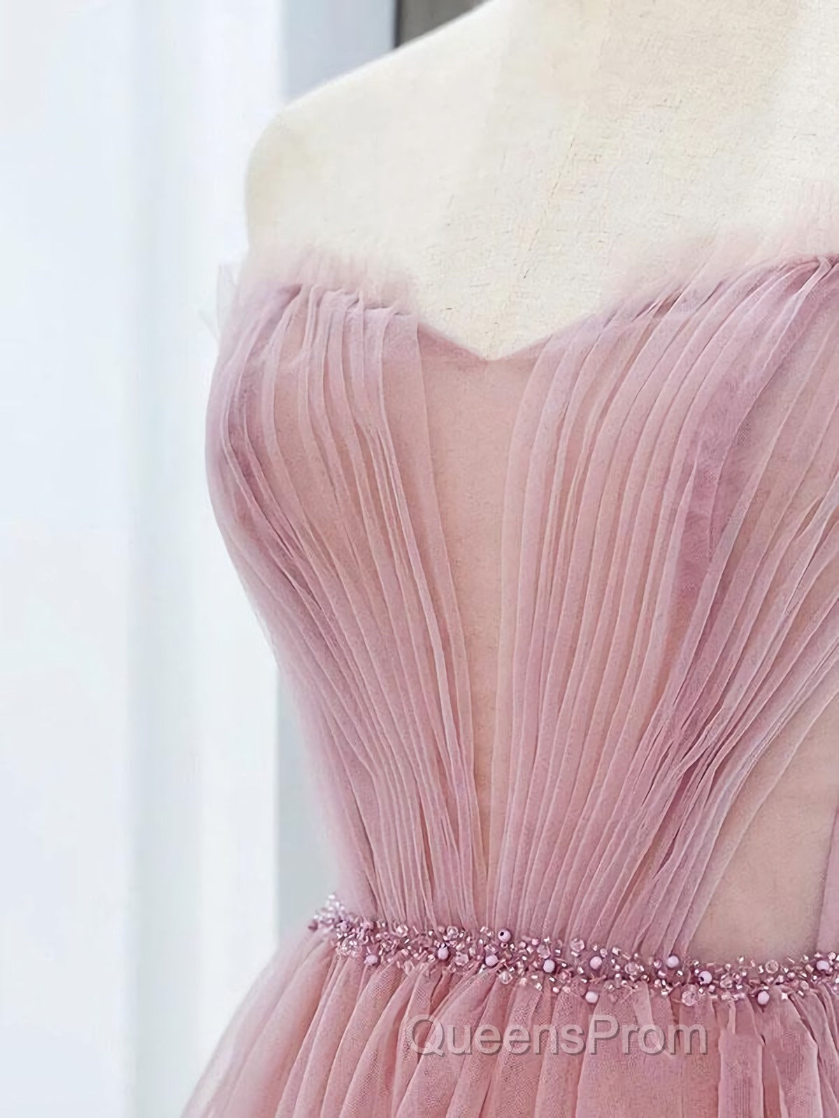 Pink Tulle Tea Length Evening Prom Dress, Pink Tulle Formal Dress