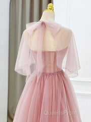 Pink Tulle Tea Length Evening Prom Dress, Pink Tulle Formal Dress